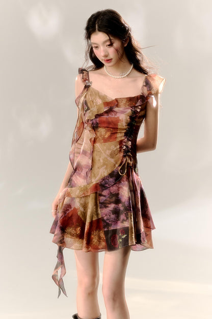 Butterfly Sleeve Floral Tie-Dye Dress