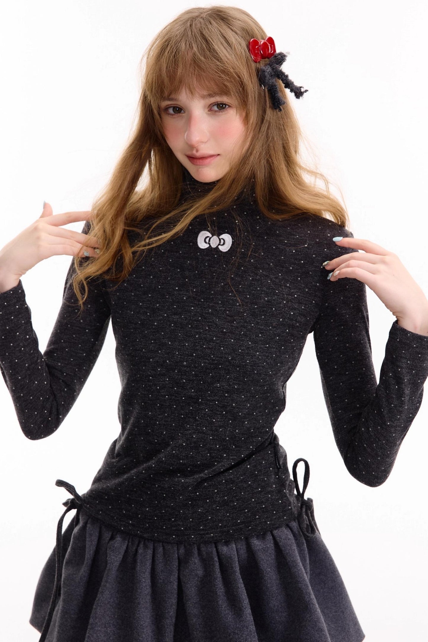 Retro Polka Dot High-Neck Long Sleeve T-Shirt