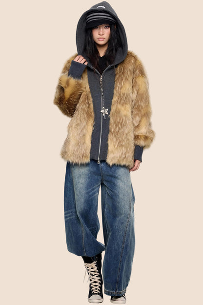 Fur Patchwork Hooded Cardigan
