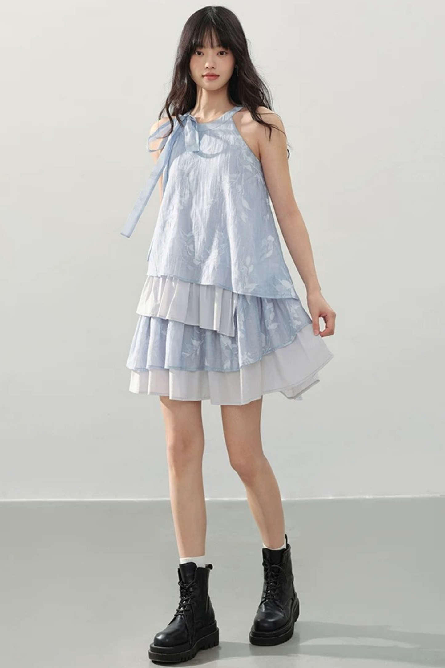 Blue Halter Print Tiered Dress