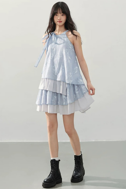 Blue Halter Print Tiered Dress