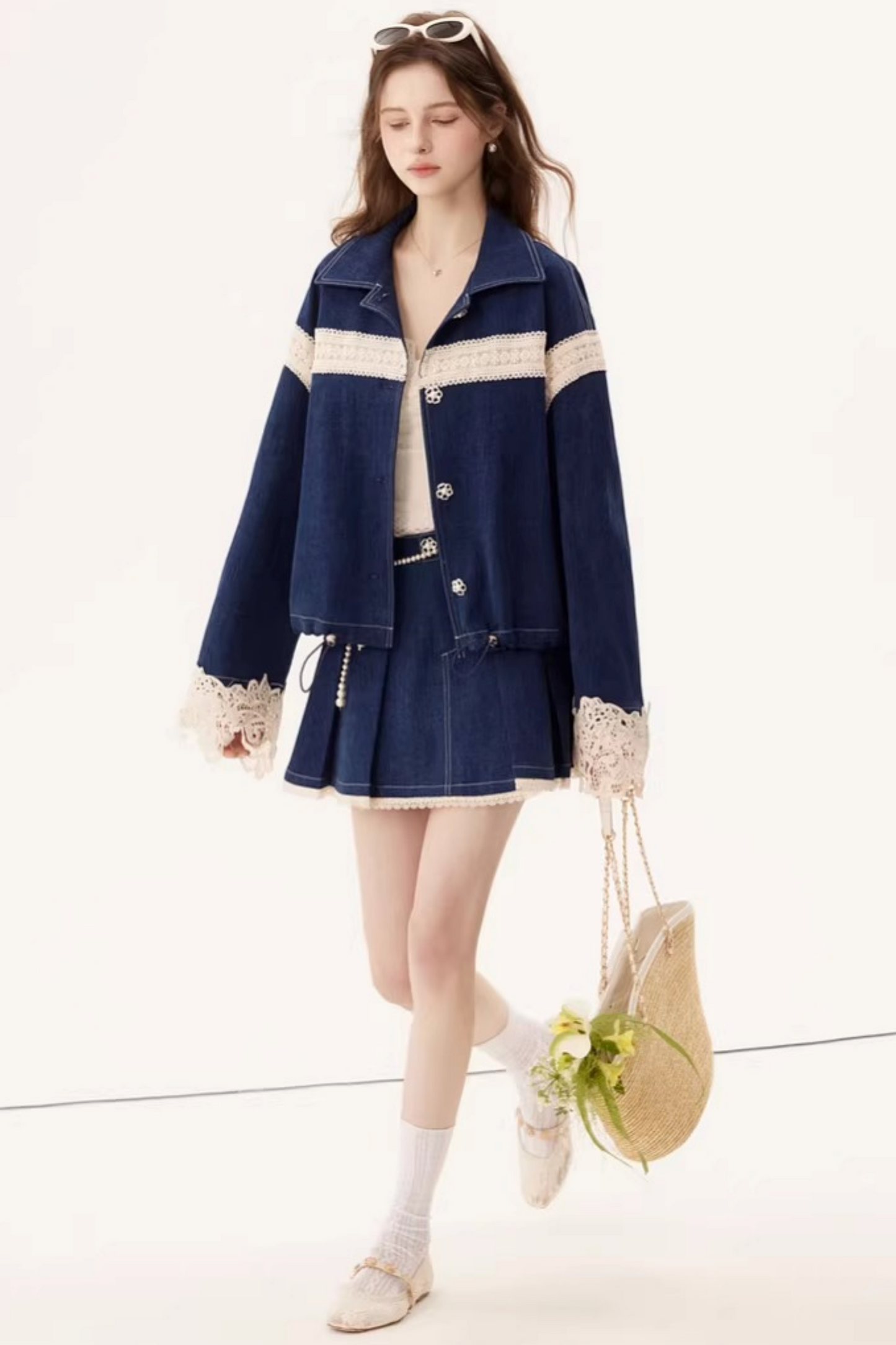 Retro Denim Lace Jacket Set