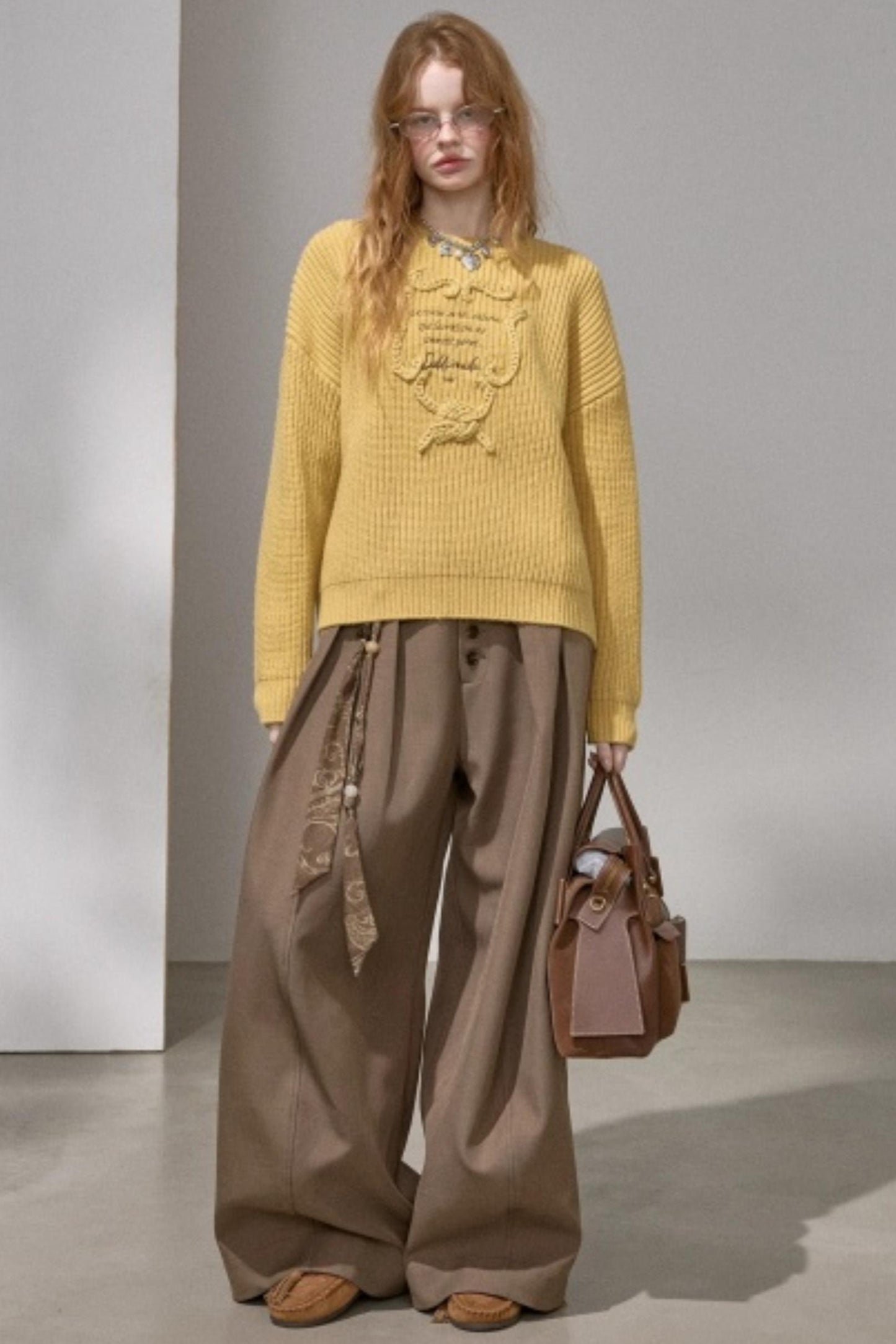 Ribbon Embroidery Crew Neck Sweater