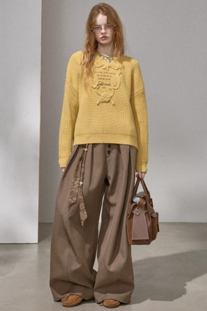 Ribbon Embroidery Crew Neck Sweater