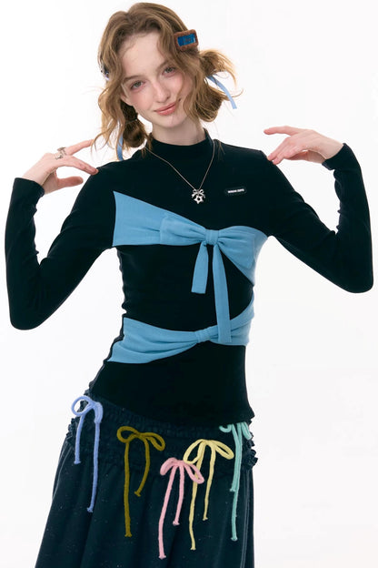Retro Contrast Bow Knit Top