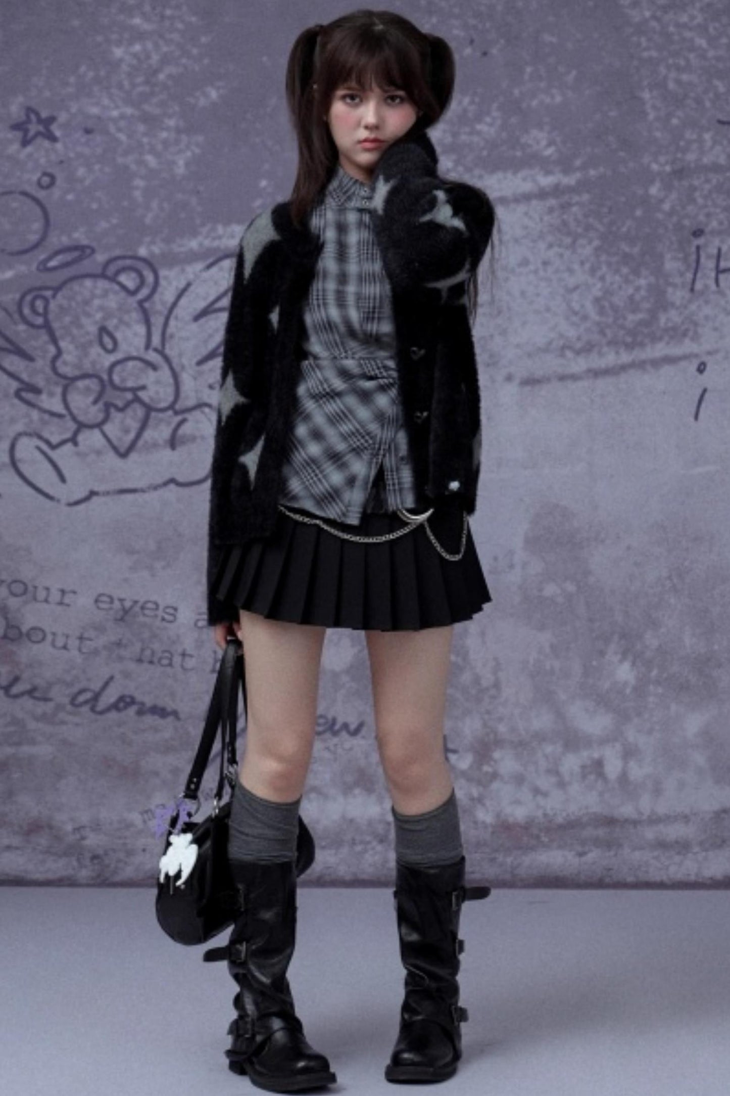 Gray-Blue Irregular Placket Plaid Shirt