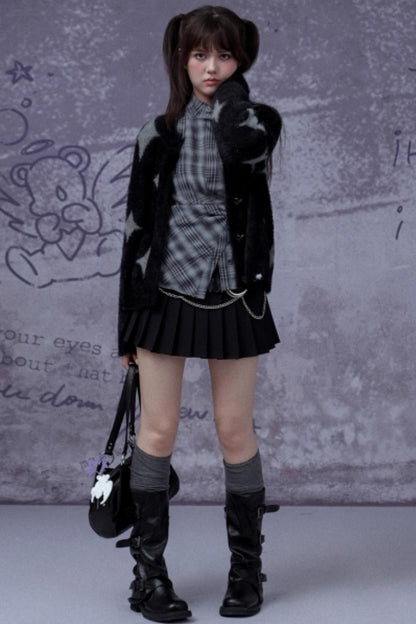 Gray-Blue Irregular Placket Plaid Shirt