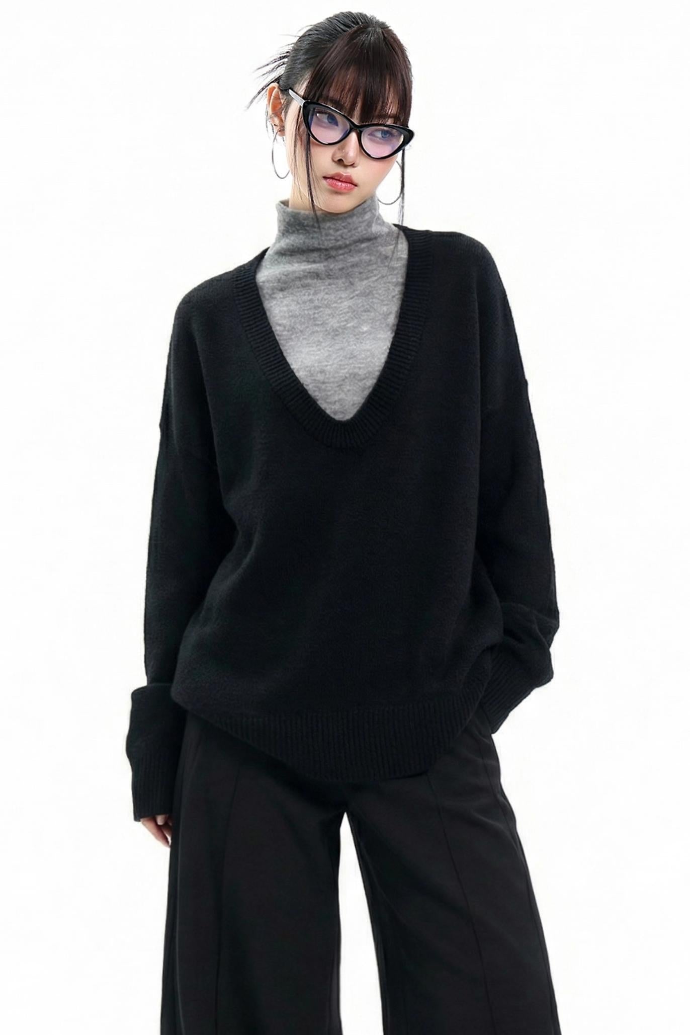 Gray Knitwear V-Neck Vest Set-Up