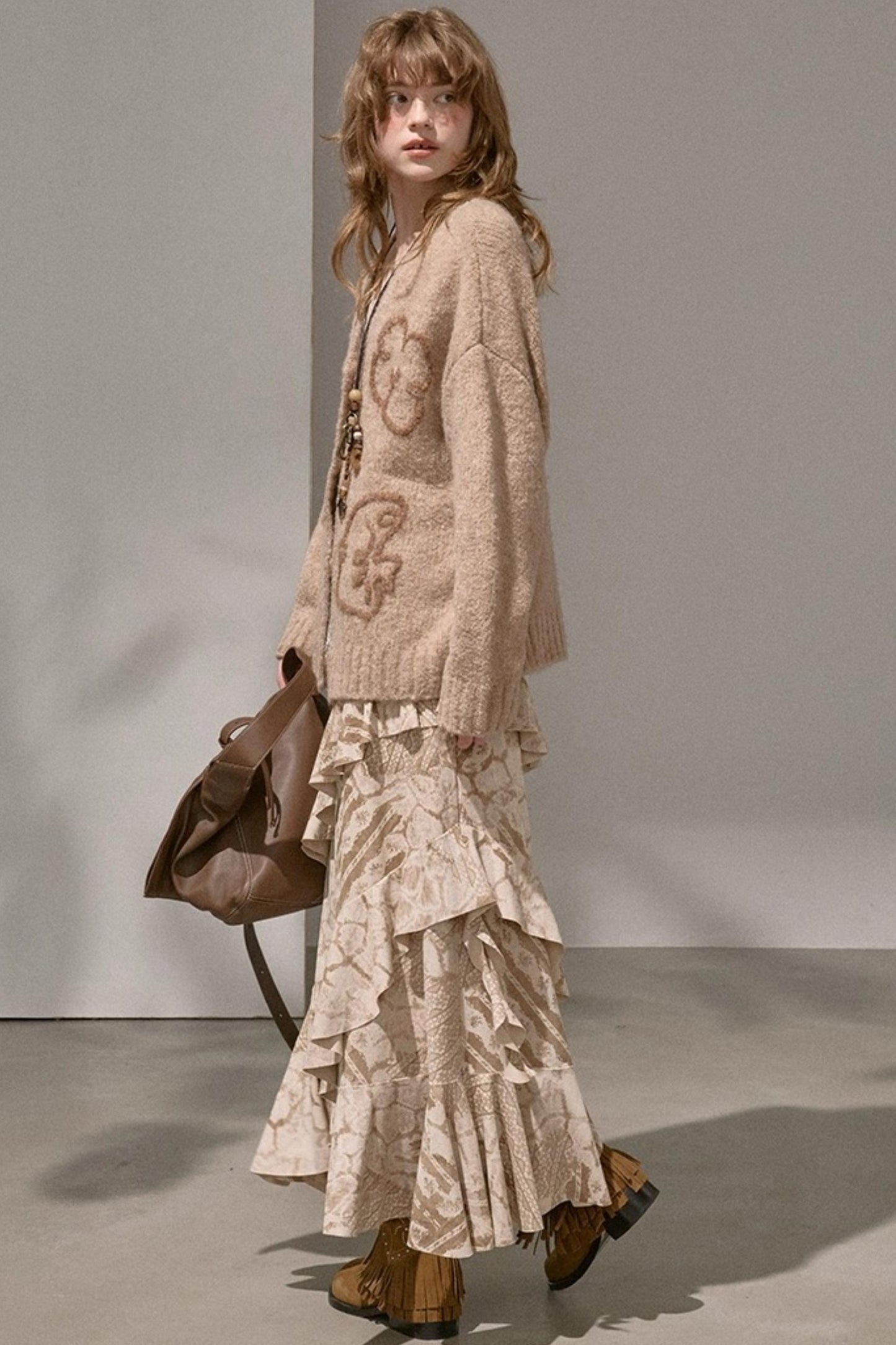 Original Slanted Ruffle Leaf Wave Midi Cake Skirt