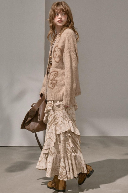 Original Slanted Ruffle Leaf Wave Midi Cake Skirt