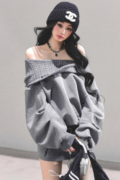 One Shoulder Grayscale Sweatshirt Dress