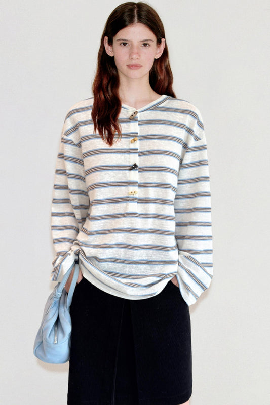 Horn Button Striped Long Sleeve T-Shirt