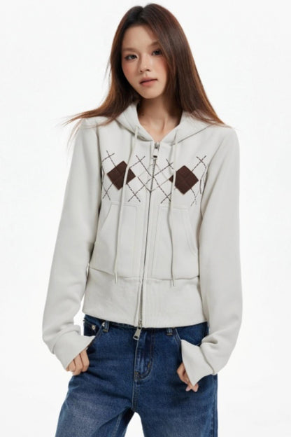 Diamond Plaid Hooded Waist Jacket