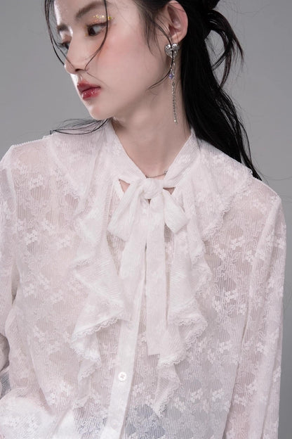 White Cloud Gauze Ruffled Shirt Set