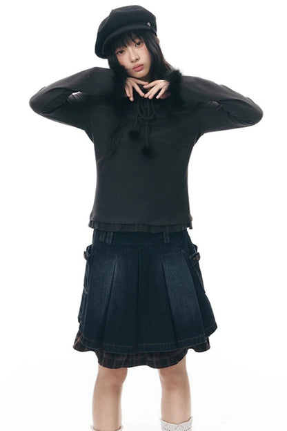 Patchwork Red Plaid Denim Skirt