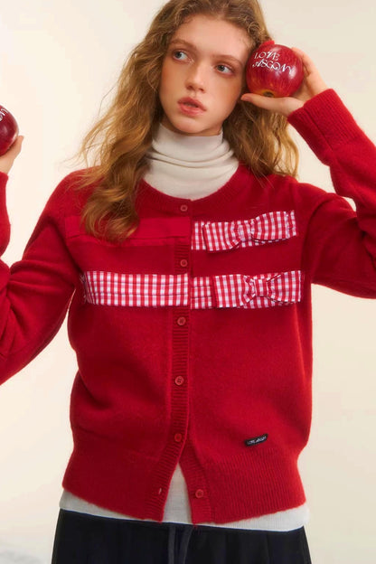 Plaid Patchwork Bow Cardigan