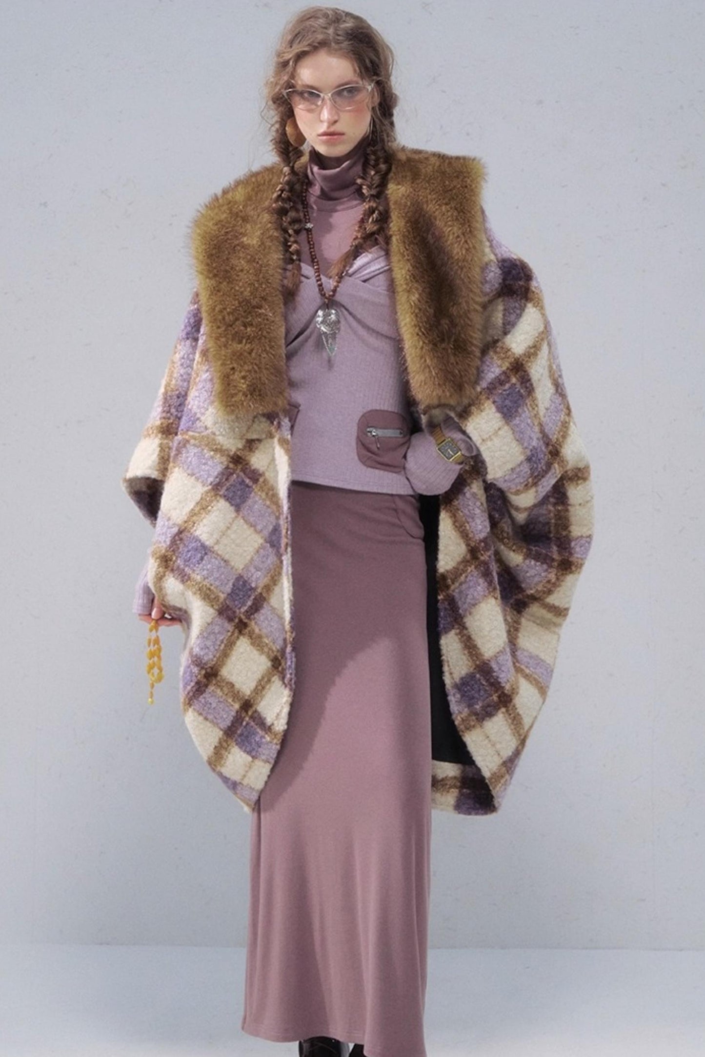 Plaid Fur Collar Woolen Coat