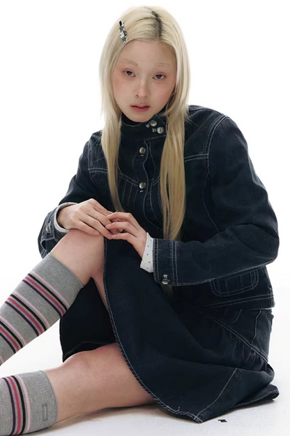 Pleated Denim A-Line Skirt