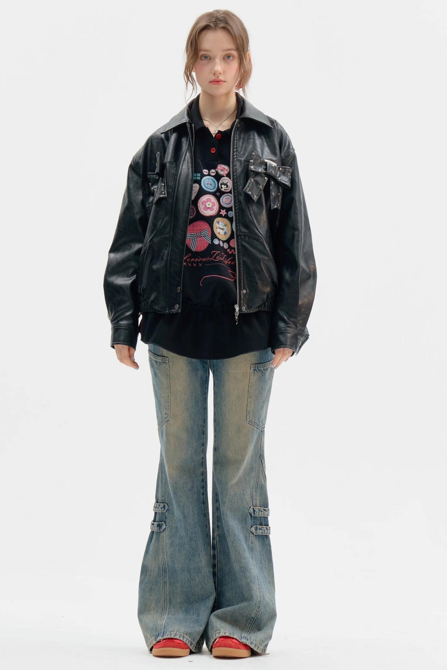 Premium Bow Black PU Leather Jacket