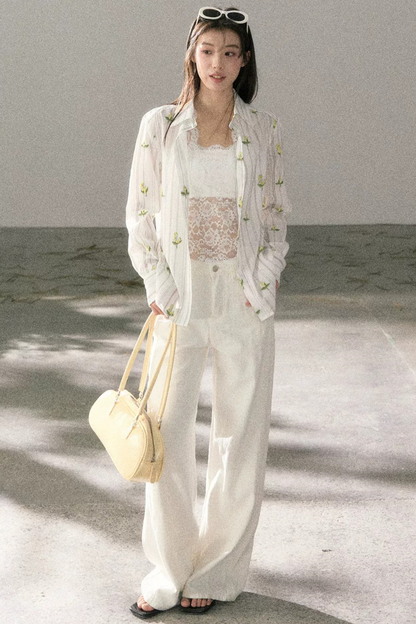 Striped Floral Sunscreen Shirt Set-Up