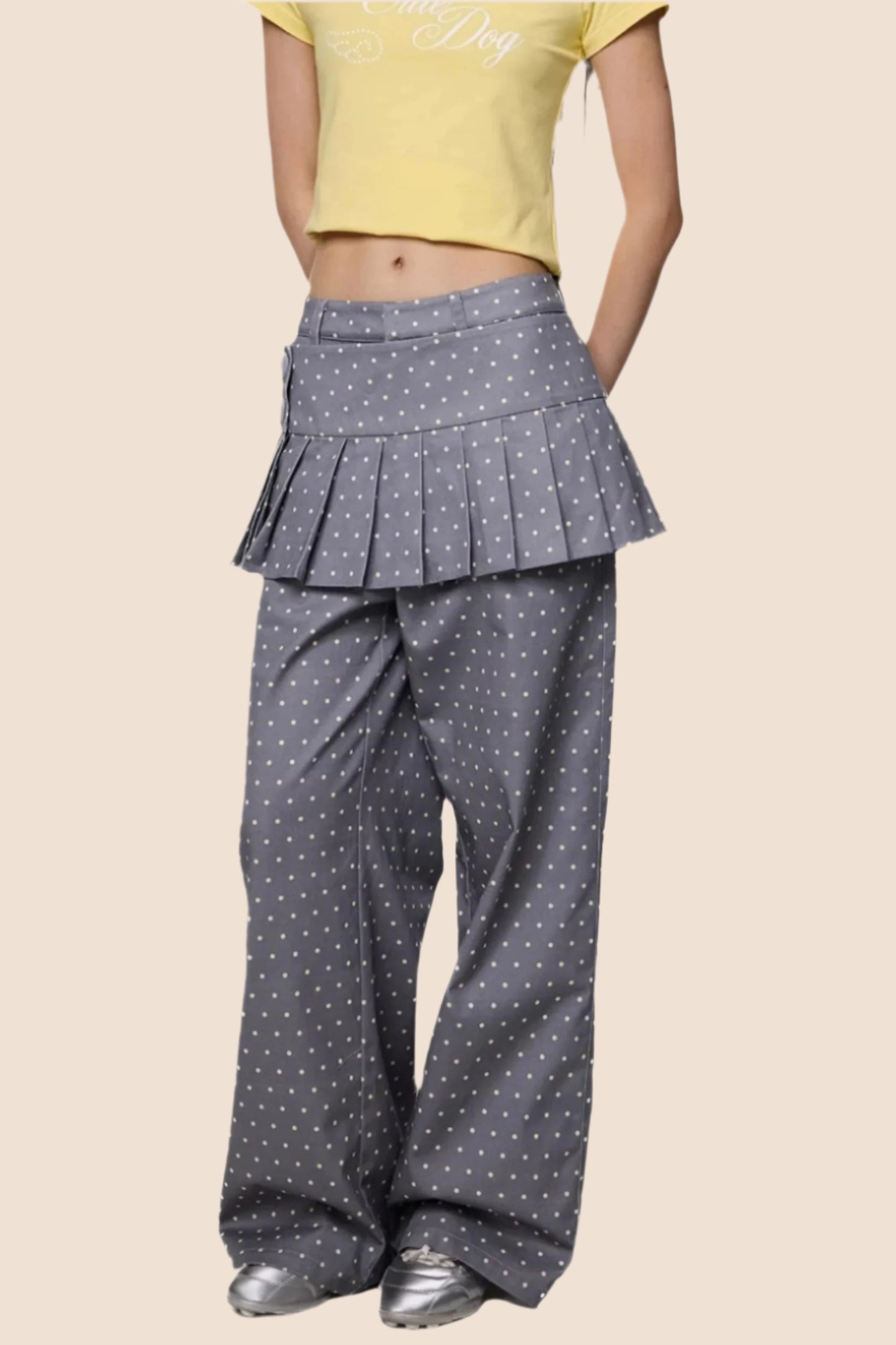 Gray And Yellow Polka Dots Pleated Skirt-Pants Set