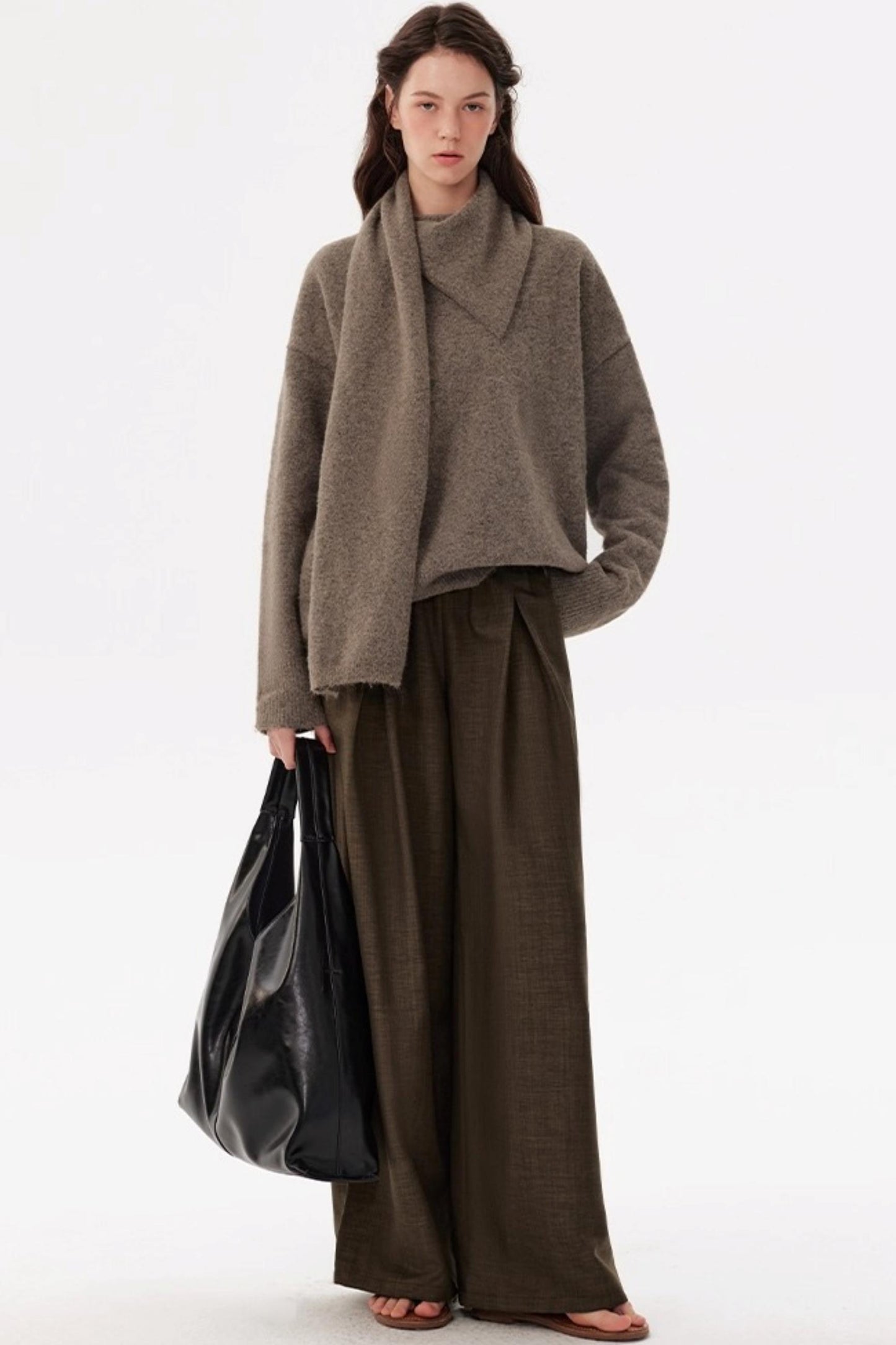 Coffee Elastic Waist Pleats Wide-Leg Suit Pants