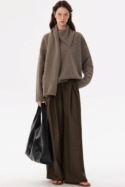 Coffee Elastic Waist Pleats Wide-Leg Suit Pants