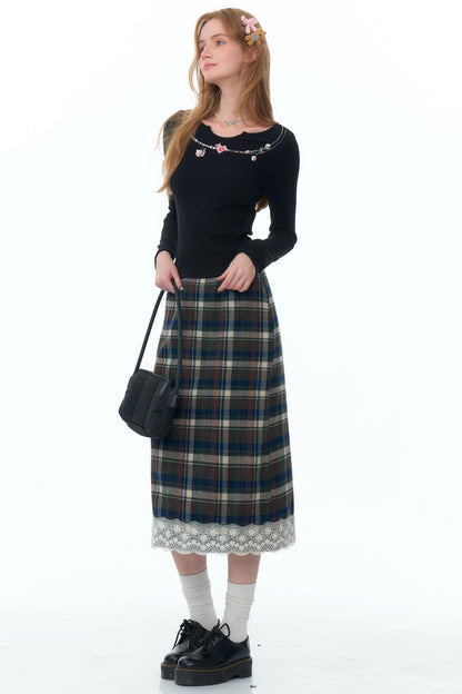 Retro Design Plaid Lace Skirt