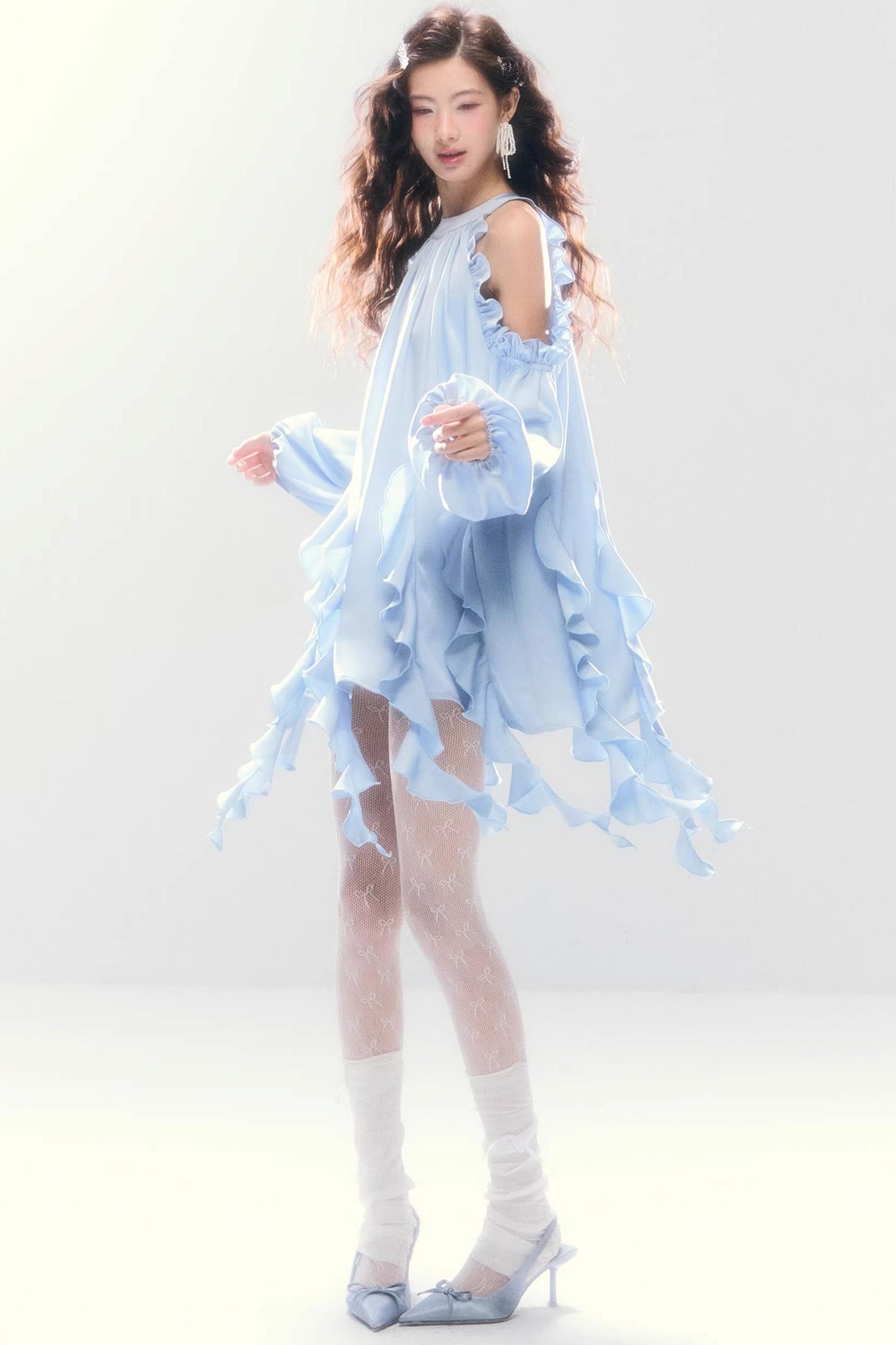 Satin Ruffled Off-Shoulder Dress