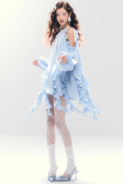 Satin Ruffled Off-Shoulder Dress