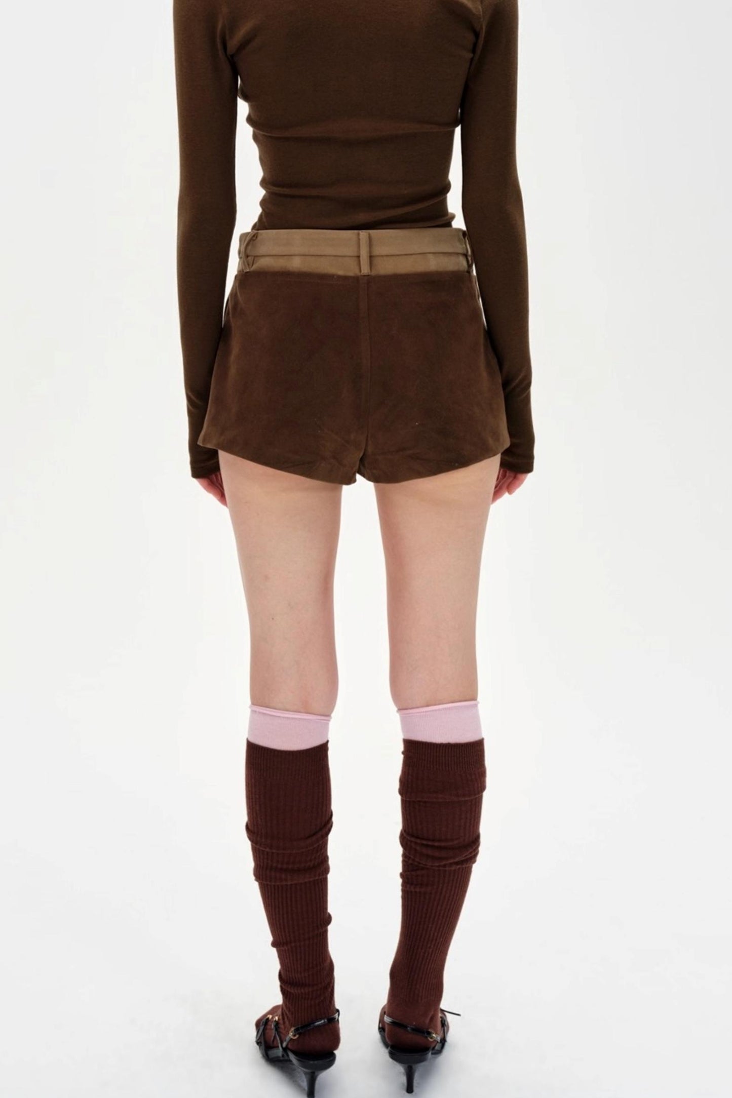 Color-Blocked High-Waisted Suede Shorts