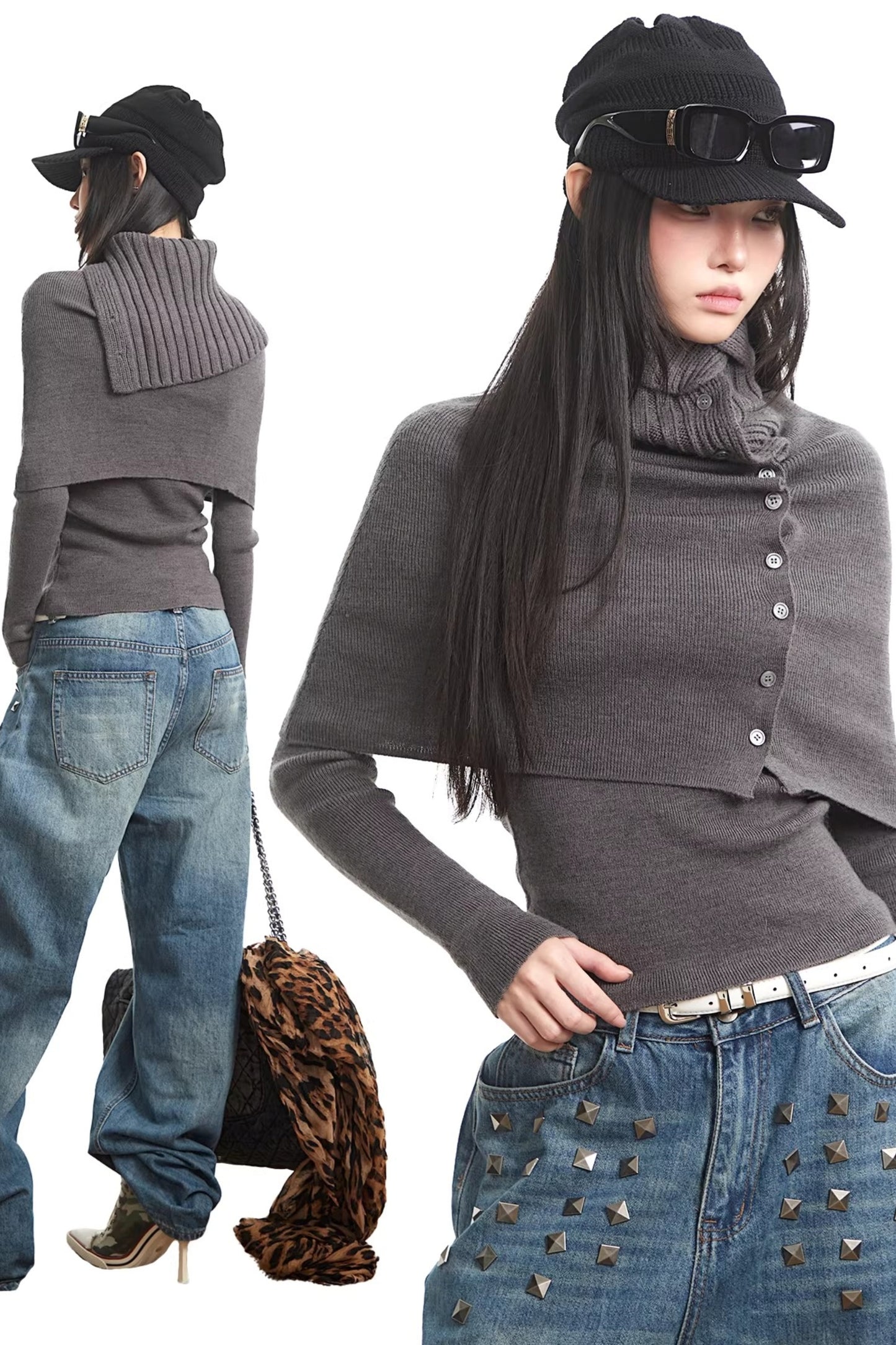 Gray Knitted Turtleneck Sweater