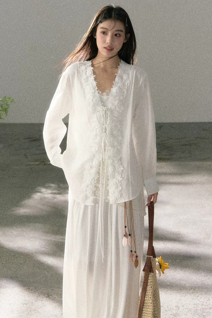 V-Neck Lace Tie Cardigan