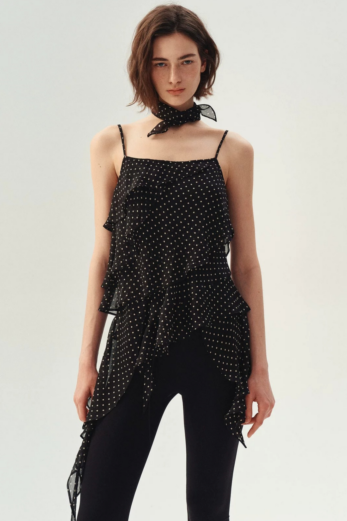 Polka Dot Asymmetric Ruffle Camisole