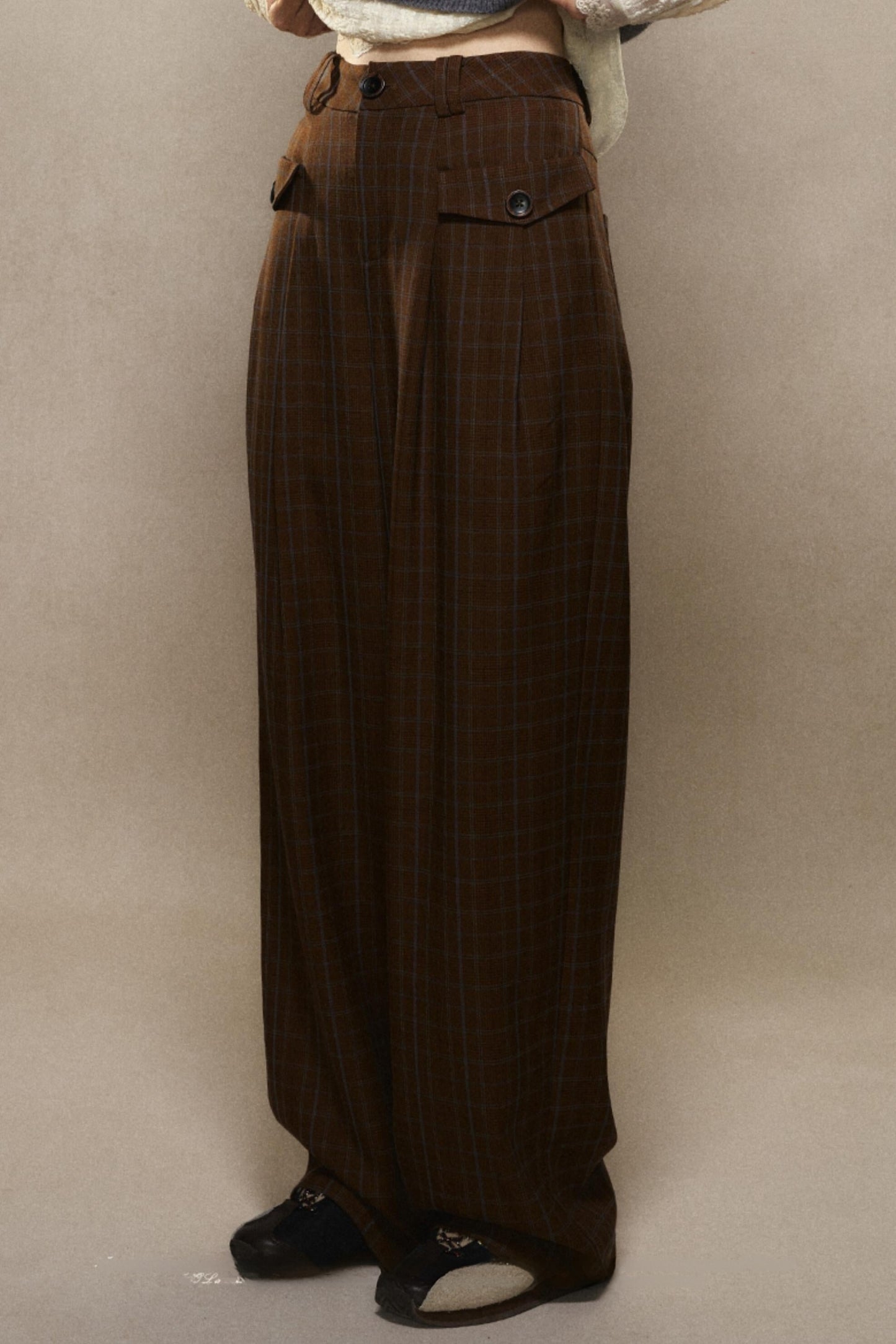 Maillard Plaid Straight Wide-Leg Pants