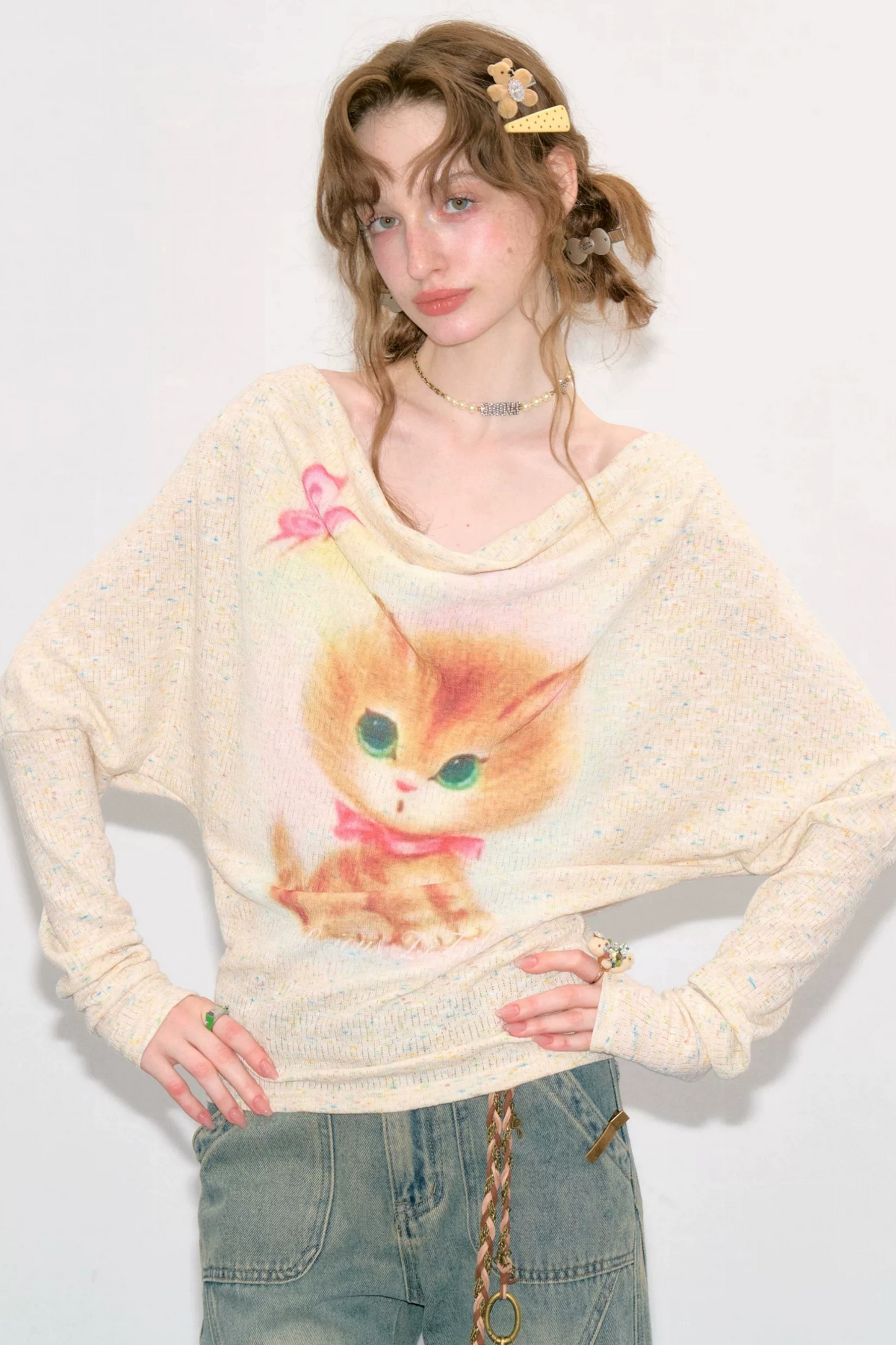 Cat Print Long Sleeve Blouse