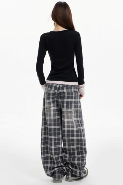 Contrast Fake Two Vintage Long-Sleeve Top