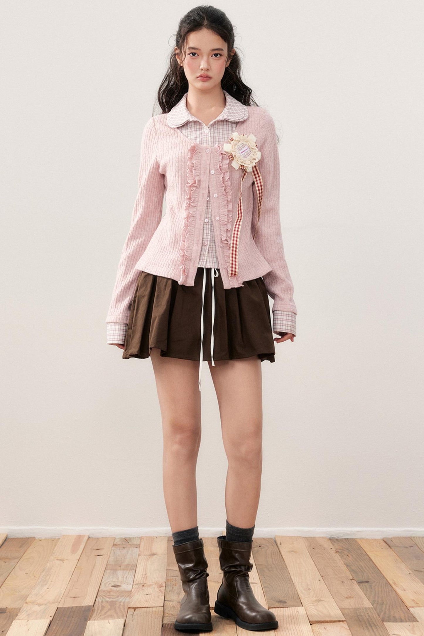 Layered Plaid Knit Patchwork Shirt