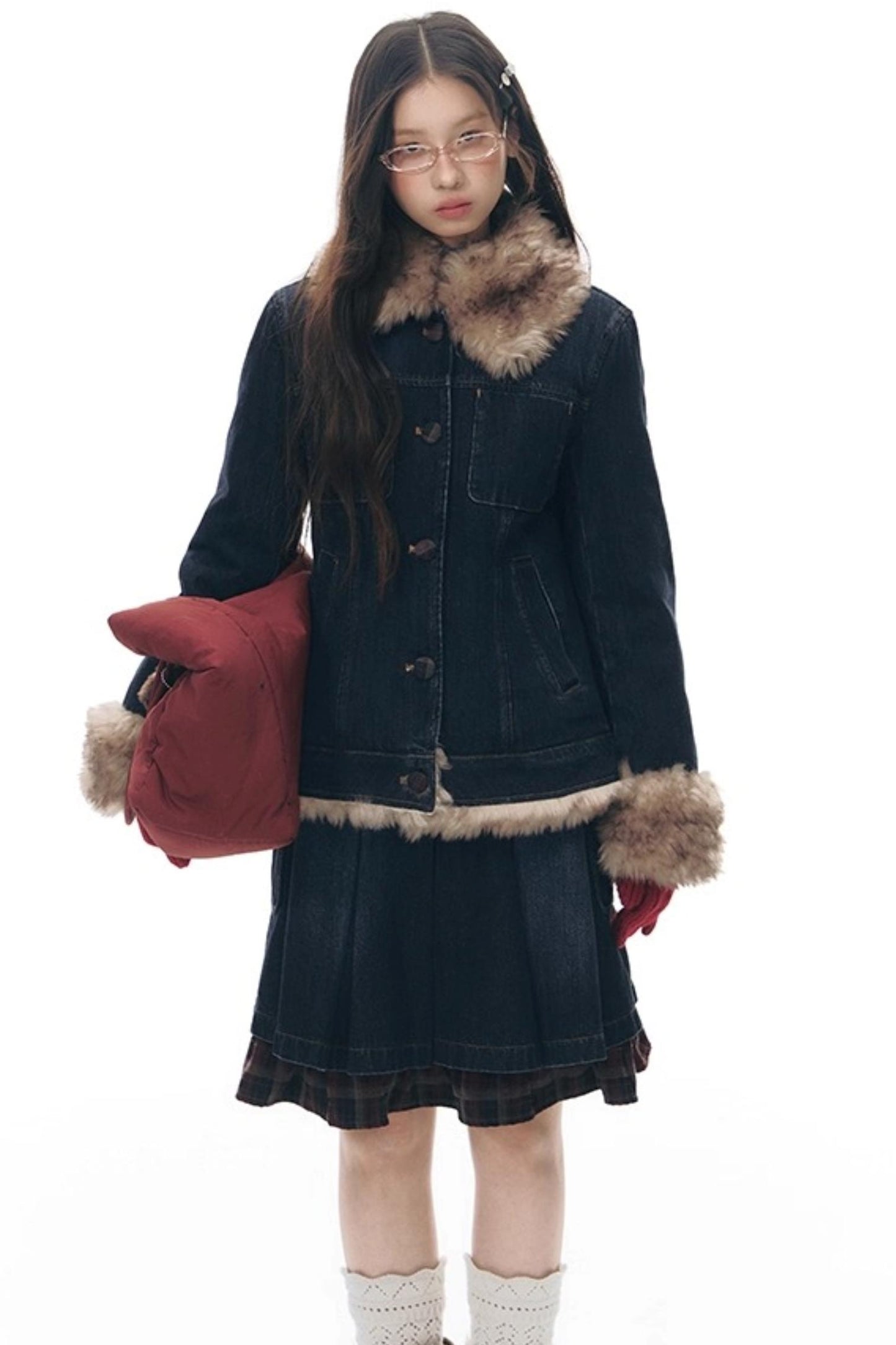 Detachable Fur Collar Denim Jacket Set-Up