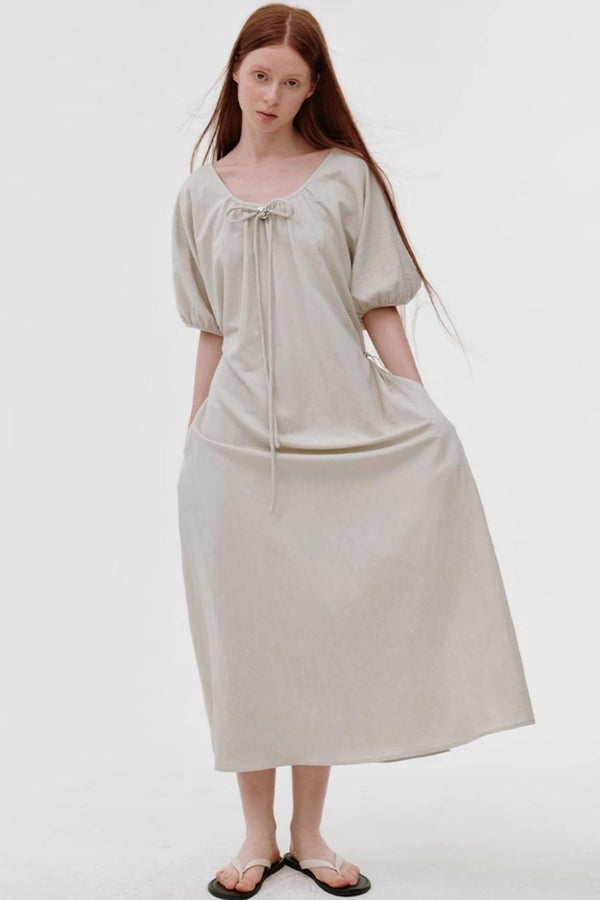 French Pleated Bubble Sleeve Dress
