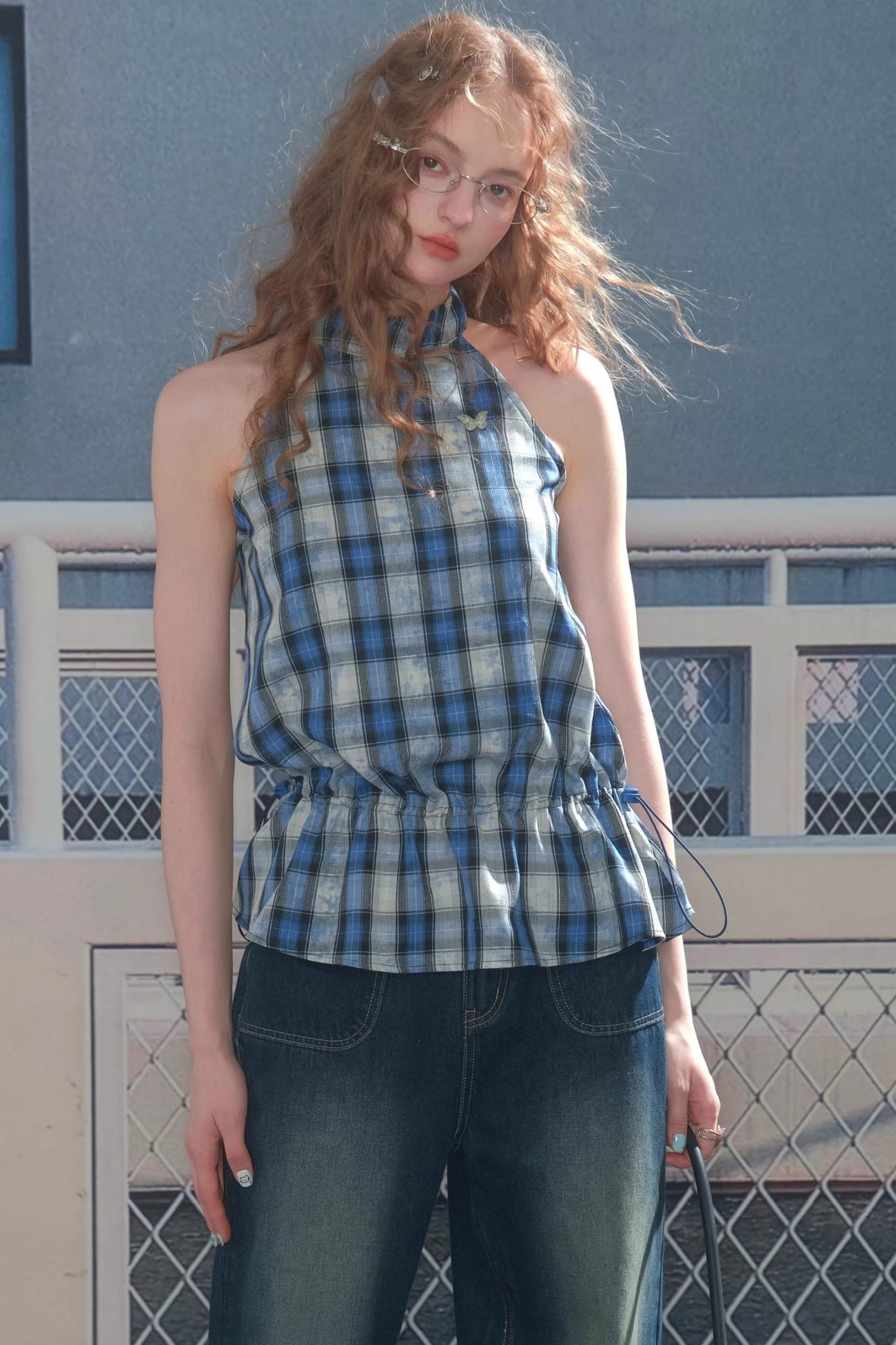 Blue Plaid Halterneck Vest