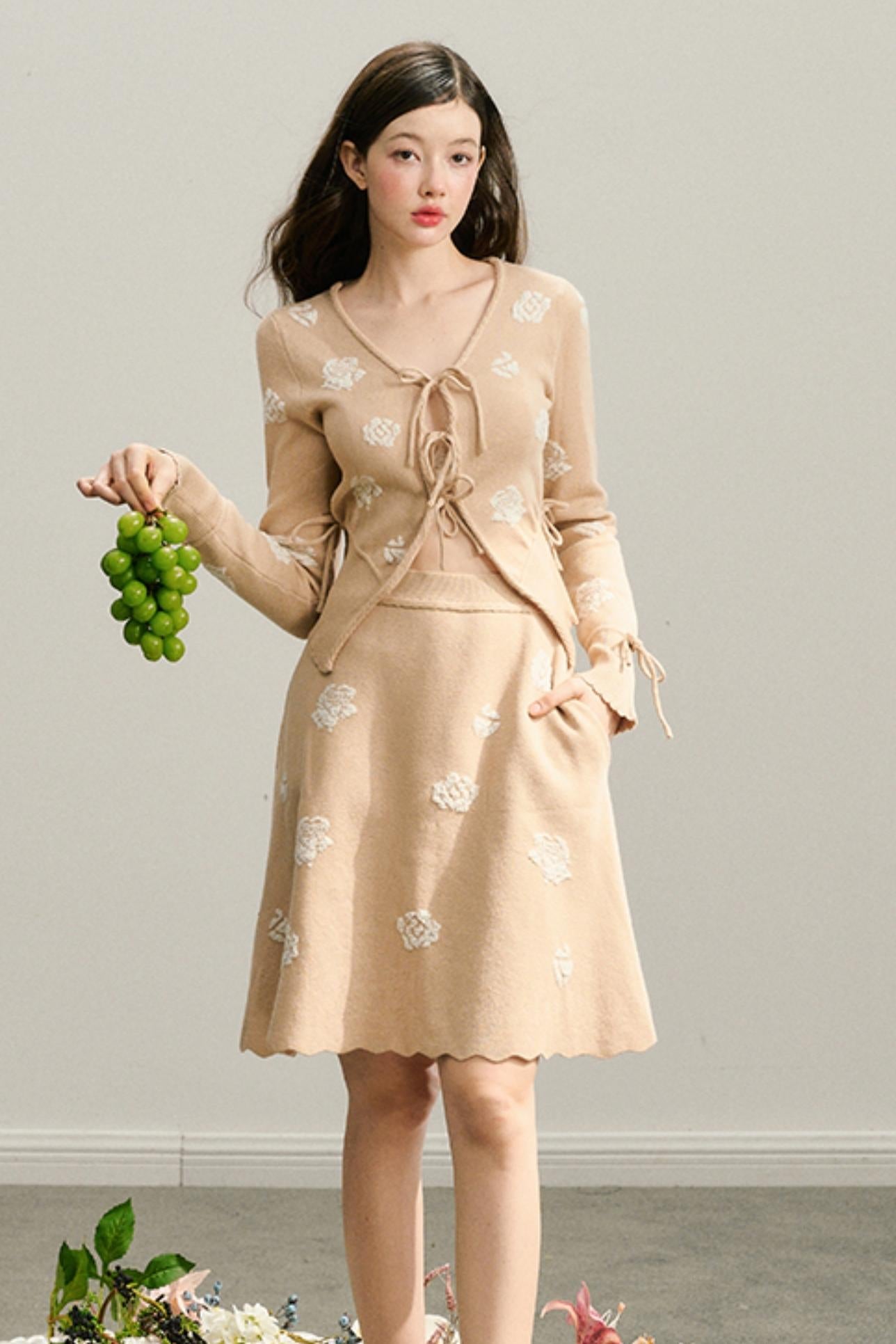 Floating Flowers Jacquard Knit Skirt Set-Up