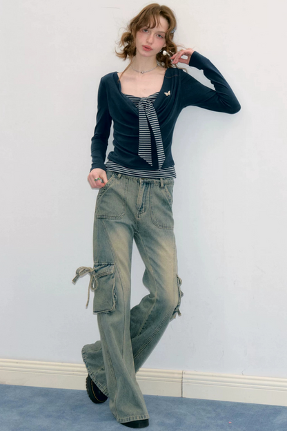 Layered-Look Striped Tie Knit Top