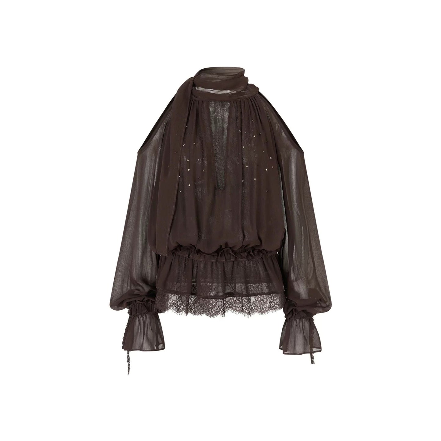 Blusa in tessuto velato e rete con strass