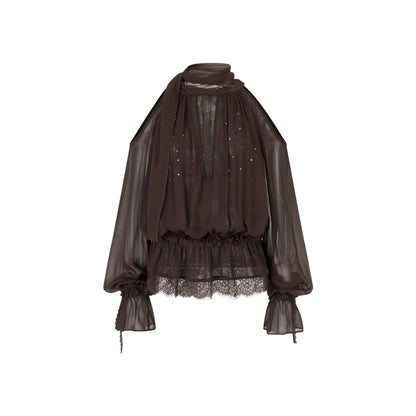 Blusa in tessuto velato e rete con strass