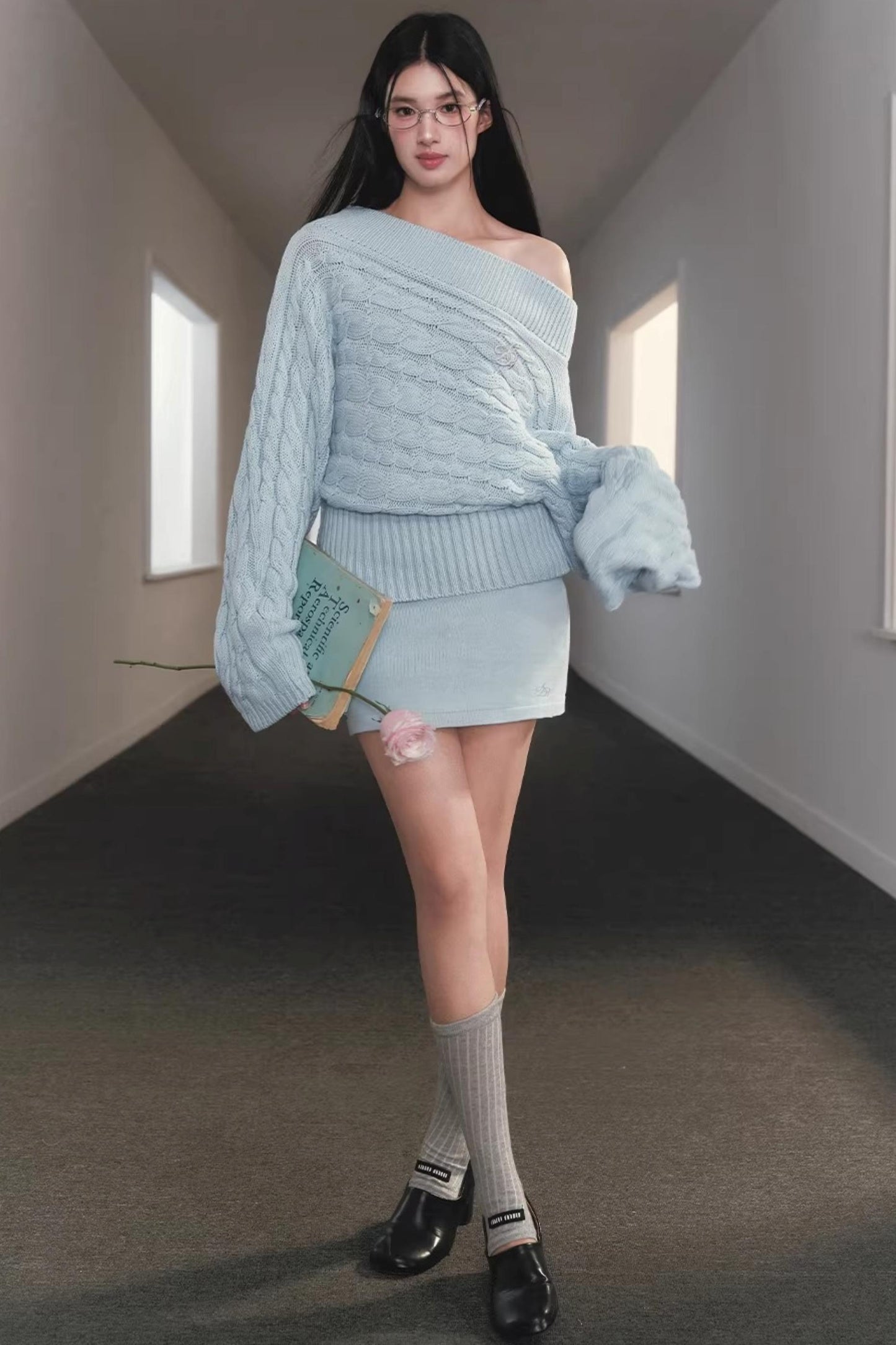 Slanted Shoulder Knit Sweater Set-Up