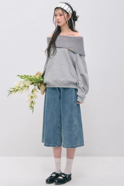 One-Line Collar Patchwork Sweater