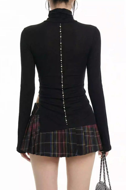 Black Rhinestone High Neck Top