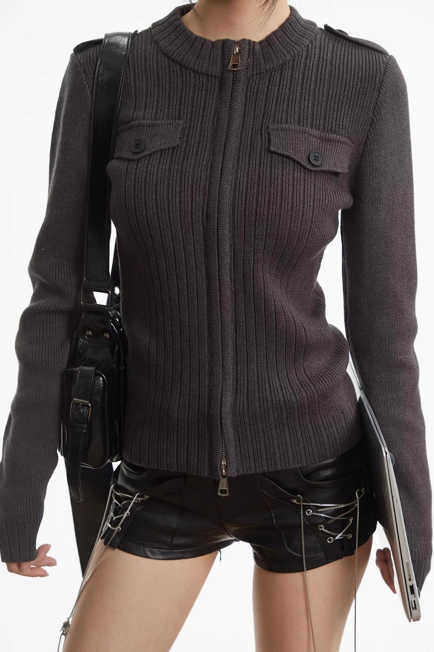 Knit Stand-Up Collar Cardigan