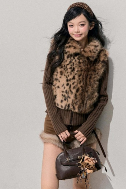 Faux Fur Leopard Knit Jacket